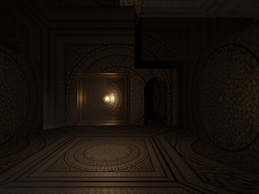 A room covered in girih pattern on every surface, lit by a single glowing panel