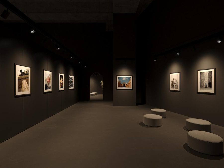 Photography hall with an arched doorway opening into the next room